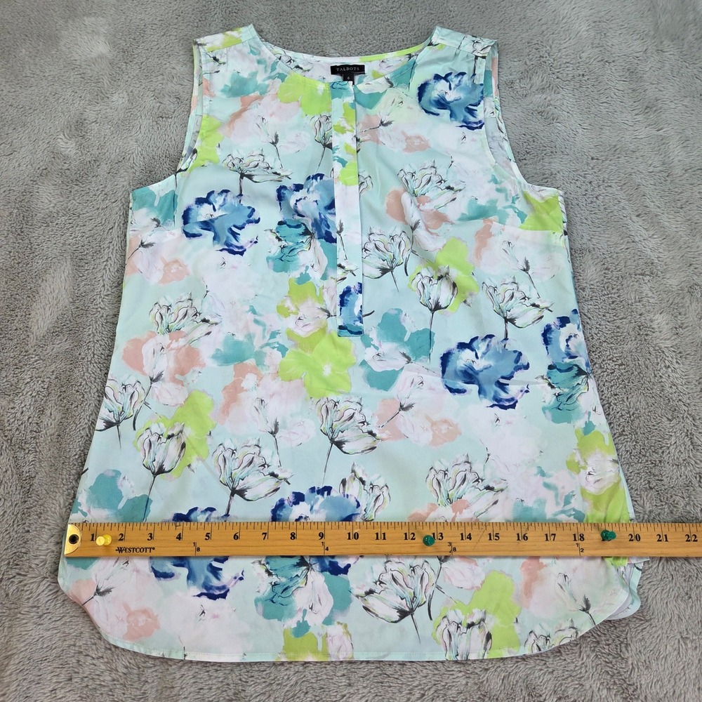 Talbots Floral Sleeveless Blouse Womens Sz 6 Hidden Button Watercolor Blue Green